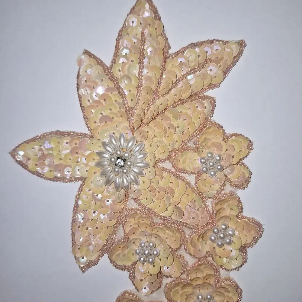 Peach Color Sequin and Bead Flower Applique Sew On Lot of 2
